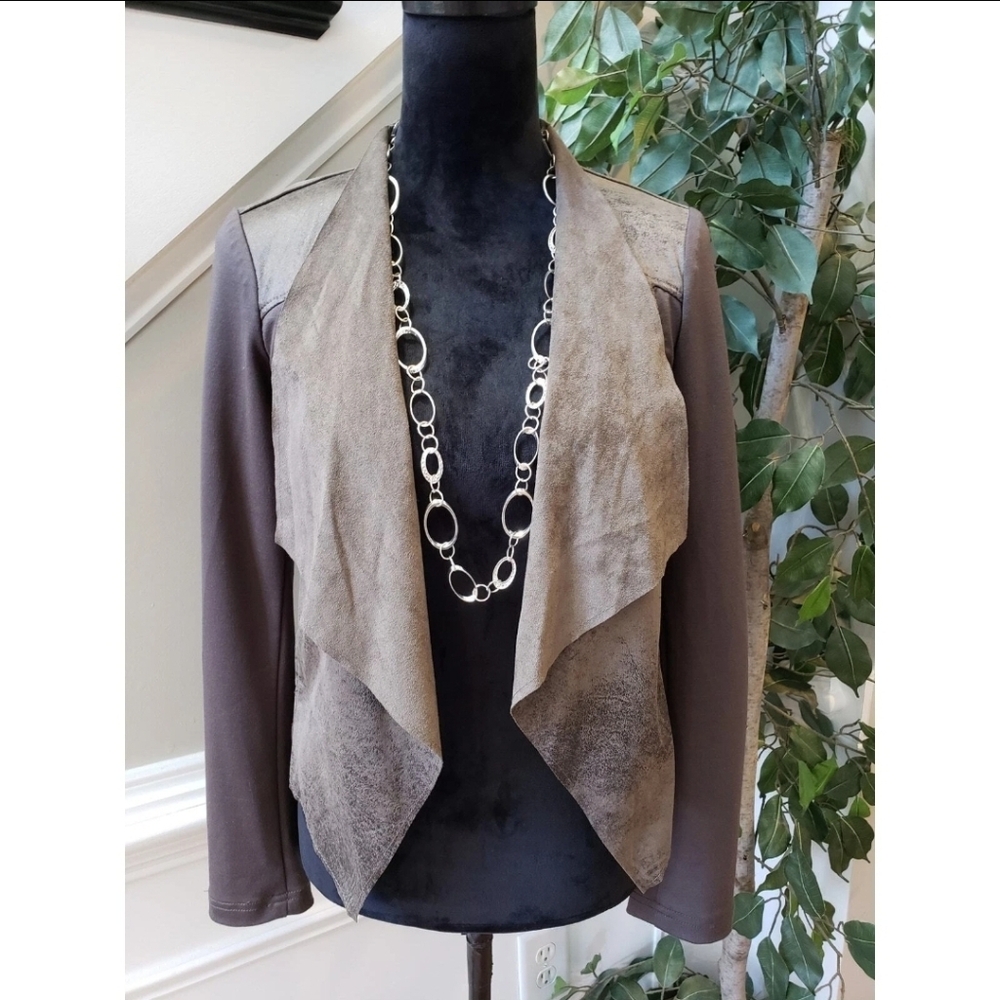Edyson Vegan Leather Jacket Womens Size L Brown Stretch Long Sleeve Open Front